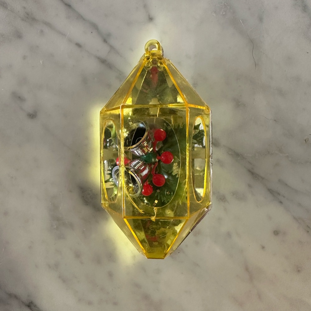 VTG Yellow JewelBrite Ornament with Silver Bells and Holly Details